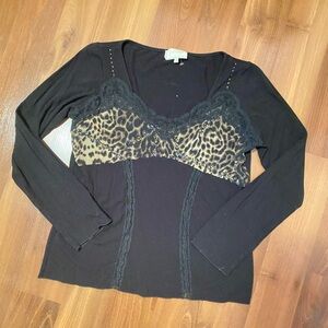 Black Long-Sleeve Top with Leopard Lace Trim